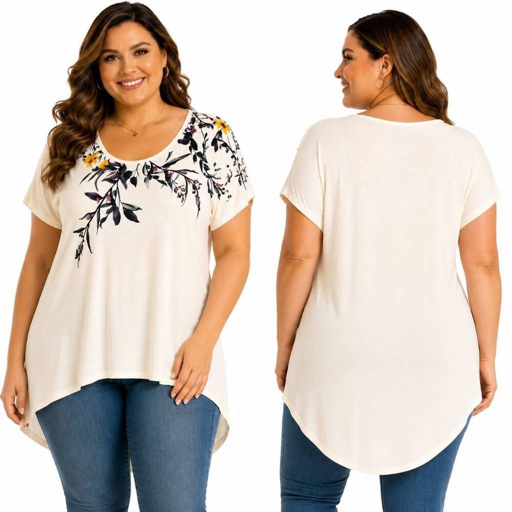 Maurices 24/7 Ivory Floral Print Tunic Top L High Low Hem Casual Soft Stretch